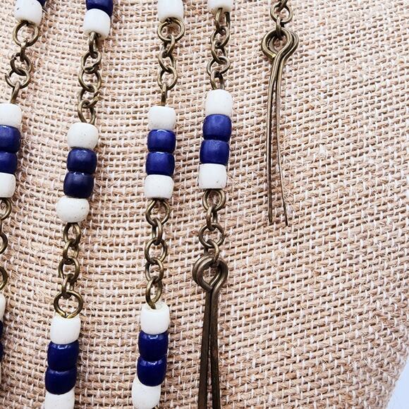 Vintage 1970s Boho Brass Fringe Bib Necklace Blue White Ceramic Beads Festival - Picture 7 of 8